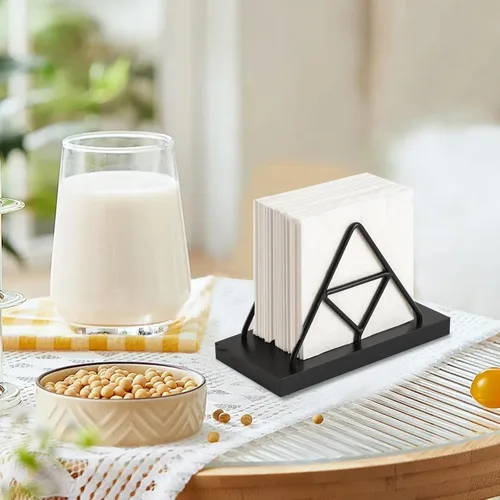 Miniatura 6 de Servilletero, forma triangular de alambre de metal y soporte de toalla de papel de madera, servilletero para mesa, dispensador de servilletas
