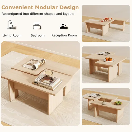 Miniatura 4 de Giantex Juego de 2 mesas de centro en forma de L, mesa central modular anidable con acabado de grano, mesas modernas de sala de estar de mediados
