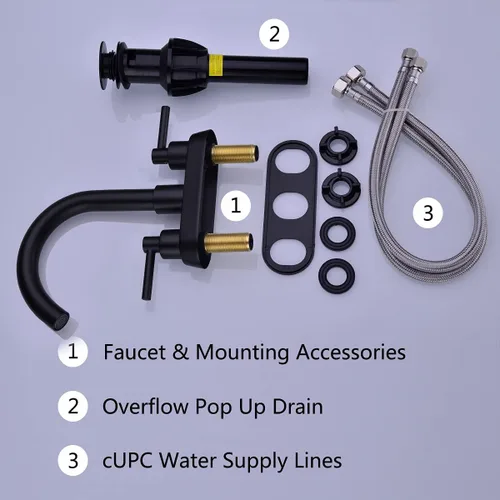 Miniatura 6 de Grifo de baño central de 4 pulgadas con montaje de drenaje desplegable de desbordamiento, negro mate, níquel cepillado y oro cepillado Mate negro