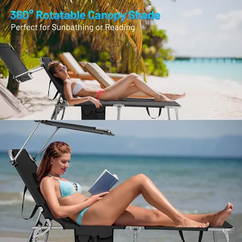 Miniatura 5 de S AFSTAR Juego de 2 sillas plegables para exteriores, sillas de playa con toldo de 360°, respaldo de 5 posiciones y reposapiés de 2 posiciones, Beige