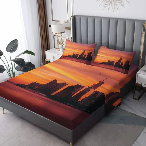 New York Sheets K8-&-177 - Juego de sábanas y fundas de almohada, tamaño Queen, diseño de paisaje urbano de atardecer, 4 piezas, sábana bajera