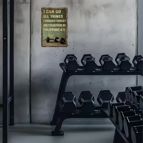 Miniatura 6 de Cartel de metal para gimnasio de estaño Puedo hacer todas las cosas a través de Cristo Cartel motivacional retro para gimnasio Para Gimnasio 6