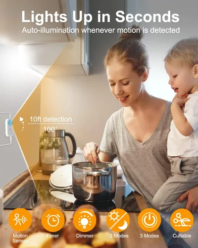 Miniatura 2 de Tira de luz LED con sensor de movimiento, iluminación debajo del gabinete con adaptador de corriente, 6 luces ajustables de brillo y temporizador