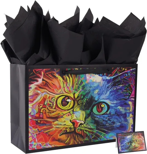 ysmile Bolsa de regalo negra con bolsa de papel boutique con asa de gran tamaño para mujeres y hombres de 15.7 pulgadas - gato