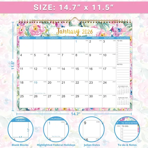 Miniatura 4 de Calendario de pared 2026 – enero 2026 – diciembre 2026, calendario 2026, 14.7 x 11.5 pulgadas, calendario 2026 de 12 meses, encuadernado en espiral