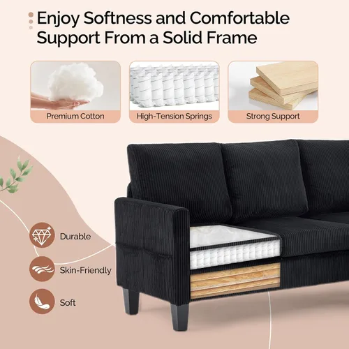 Miniatura 3 de VINGLI Sofá en forma de L de 68.5 pies con otomana de almacenamiento móvil, sofá modular convertible en tela de pana suave, moderno sillón Negro