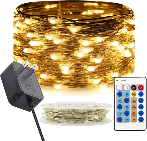 Miniatura 13 de RUICHEN Guirnalda de luces regulables enchufables de 33 pies, 100 luces LED de alambre plateado con control remoto, color naranja
