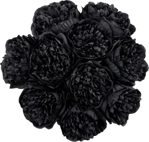 U'Artlines 10 cabezas de peonías artificiales de seda, hojas y flores para decoración del hogar, oficina, bodas, fiestas, festivales y bares (negro)