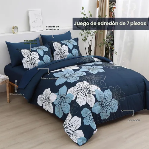 Miniatura 2 de Luxudecor Juego de edredón azul marino, tamaño Queen, 7 piezas de cama en una bolsa, juego de edredón floral azul marino y juego de sábanas, juego