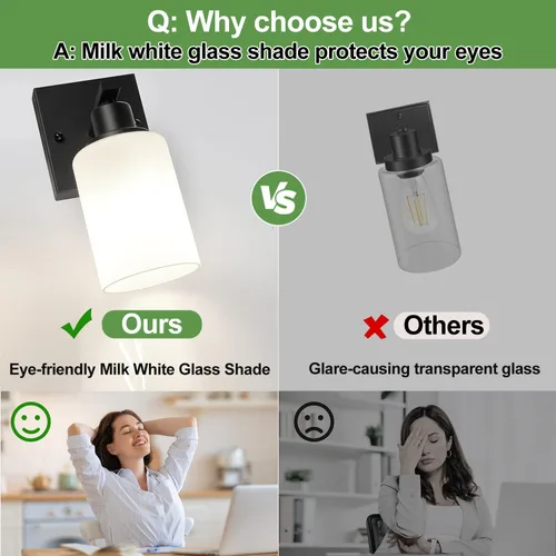 Miniatura 5 de MOKATNG Juego de 2 apliques de pared para baño, luces de tocador modernas negras con pantalla de vidrio blanco, lámpara de pared de baño