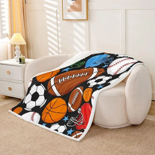 Miniatura 2 de Feelyou Football Throw Blanket Basketball Sports Soft Fleece Sherpa Cozy Fuzzy Plush Warm Soccer Ball Game Fuzzy Plush Throw Black Baseball Gaming
