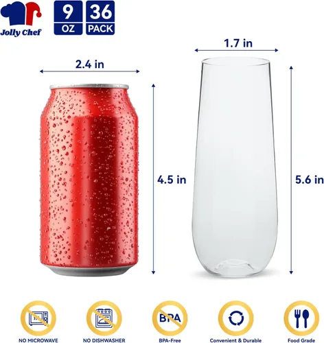 Miniatura 2 de JOLLY CHEF Paquete de 36 copas de champán de plástico sin tallo de 9 onzas, copas de champán de plástico transparentes sin tallo, cristalinas