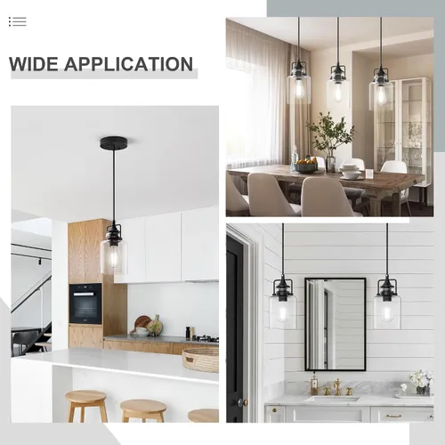 Miniatura 5 de Paquete de 3 Luces Colgantes para Isla de Cocina, Lámpara Colgante Negra Moderna, Luces de Isla de 47 Pulgadas, Cuerda Ajustable, Vidrio