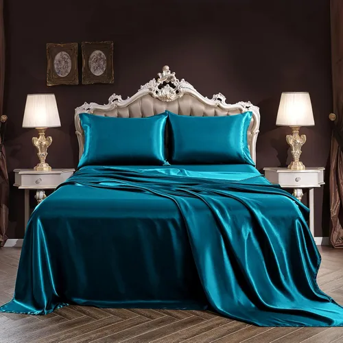 Miniatura 28 de SiinvdaBZX Juego de sábanas de satén de 4 piezas tamaño King, ultra sedosas y suaves, sábanas de cama King de satén azul marino con bolsillo