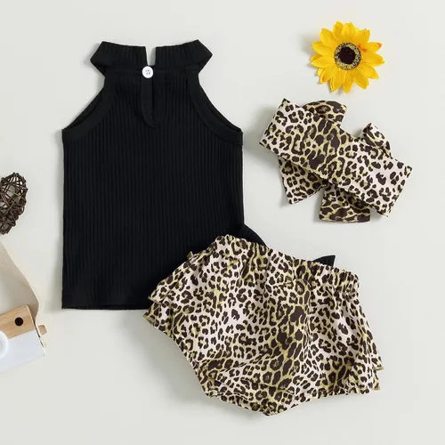Miniatura 9 de Conjunto de ropa de verano para bebé recién nacida, sin mangas, con estampado de amor, volantes, pantalones cortos de leopardo, 3 piezas, diadema