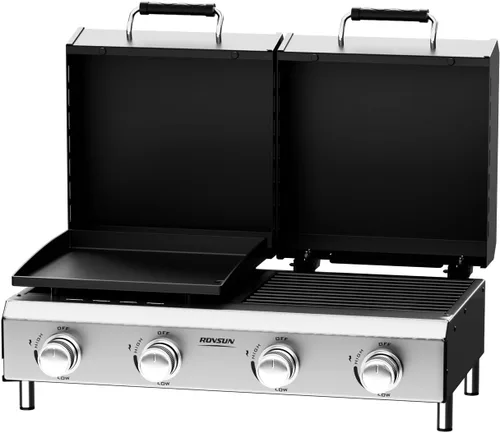 Miniatura 10 de Bonnlo Plancha de Propano de 20000BTU con Tapa e Ignición, Parrilla de Gas de Superficie Plana de Pie con Ruedas Rodantes Portátiles y Estante