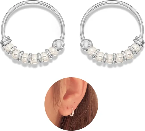 Miniatura 16 de Creations - Par de aretes de aro hechos a mano con cuentas de cartílago pequeño de 0.394 pulgadas, plata de ley 925, cuentas de color blanco, aros
