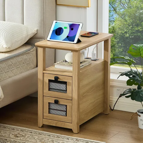 Miniatura 9 de HDDDZSW - Mesa auxiliar de granja XXL con estación de carga; mesa auxiliar estrecha con puertos USB y tomas de corriente, mesita de noche con 2