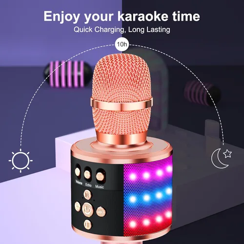 Miniatura 5 de BONAOK Micrófono de karaoke para niños y adultos, micrófonos Bluetooth, micrófono para cantar con luces de discoteca, efecto eco, altavoz integrado