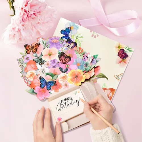 Miniatura 5 de Yinqing Tarjetas de cumpleaños, tarjeta de feliz cumpleaños ligera y música, lirio y mariposas, ramo de flores de tamaño natural de 10 pulgadas