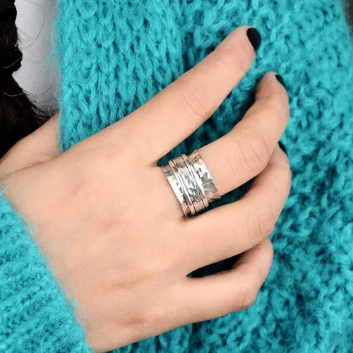 Miniatura 7 de Boho-Magic Anillo giratorio de plata de ley 925 para mujer, martillado ancho anillo para ansiedad, Metal