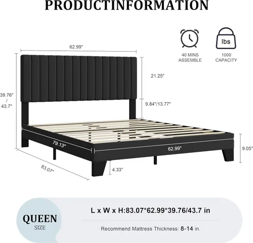 Miniatura 2 de Marco de cama tamaño Queen, cama plataforma tapizada en terciopelo con cabecero acolchado ajustable, marco resistente y listones, silencioso,