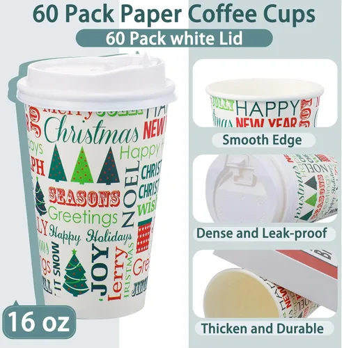 Miniatura 2 de Hotop Juego de 60 vasos de papel de Navidad de 16 onzas con tapas, vasos de papel desechables de Navidad, tazas de café, tanto calientes como fríos