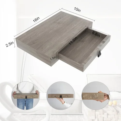 Miniatura 2 de Juego de 2 estantes flotantes con cajón, mesita de noche para dormitorio, baño o cocina, estante de pared de 16 pies con almacenamiento, color gris