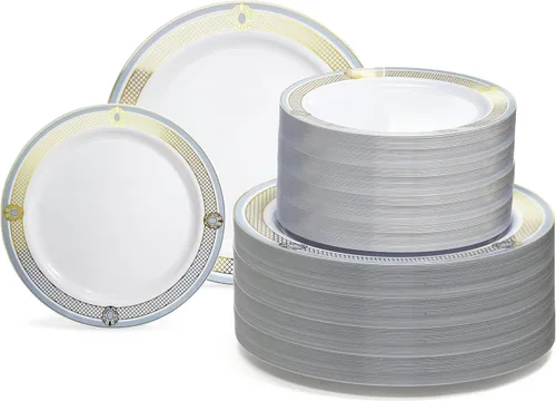 Miniatura 21 de OCASIONES" Paquete de 50 platos (25 invitados) - Juego de platos de plástico desechables pesados para fiestas de boda - 25 x 10.5'' cena + 25 x