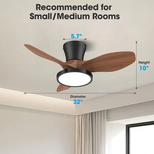 Miniatura 7 de ocioc Ventilador de techo silencioso con luz LED, motor de CC de 32 pulgadas, control remoto de gran volumen de aire, nogal para cocina, dormitorio