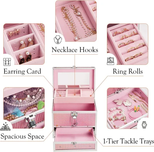 Miniatura 4 de Hododou Caja de maquillaje de joyería para mujer con espejo y bandeja con cerradura para cosméticos estuche de almacenamiento portátil