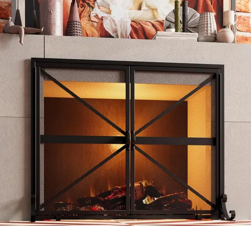 Miniatura 5 de Fire Beauty Pantalla de chimenea con puertas, 2 paneles hechos a mano de hierro forjado sólido malla decorativa, accesorios seguros para bebés
