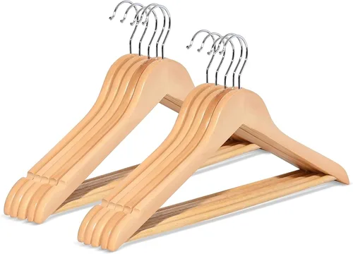 Miniatura 8 de Perchas de madera para ropa, paquete de 10 perchas de madera natural, ranuras y muescas antideslizantes para los hombros, gancho cromado giratorio