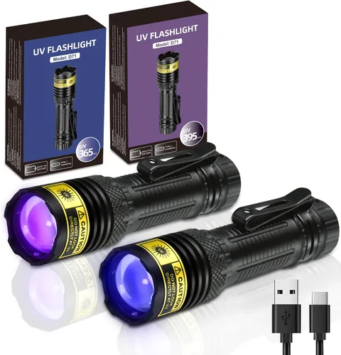 DARKDAWN Linterna UV de 365 y 395 nm, luz negra, mini USB, recargable, LED ultravioleta blacklight, lámpara Woods, detector portátil fluorescente