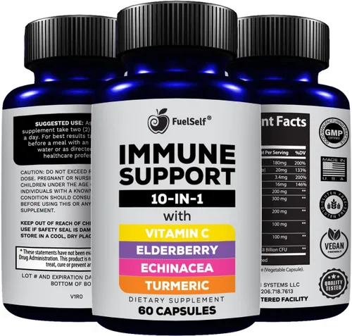Miniatura 4 de Suplemento de refuerzo de apoyo inmunológico con saúco, vitamina C, equinácea, curcuminoides de cúrcuma, vitamina E, vitamina B6, zinc, L-glutamina
