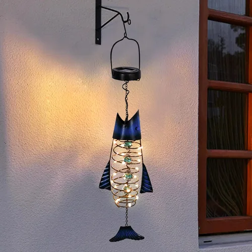 HONGLAND Ofertas de patio Faroles solares impermeables para exteriores, luces de linternas de peces, decoración de jardín colgante de metal para