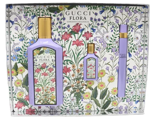 Set de regalo Gucci Flora Gorgeous Magnolia para mujer: Spray EDP de 100 ml + Spray EDP mini de 10 ml + Spray EDP mini en bolígrafo de 5 ml - CAJA