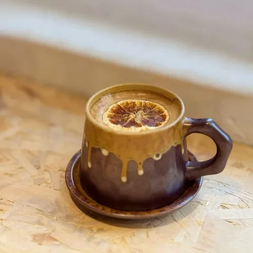 Miniatura 5 de Taza de capuchino de cerámica vintage retro hecha a mano con platillo – Taza de té y platillo de cerámica rústica pequeña, sin plomo, taza hecha a