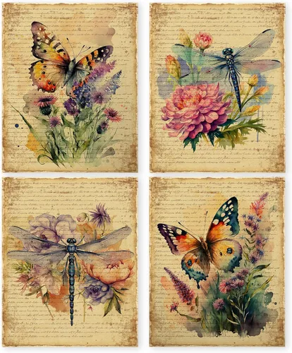 Miniatura 12 de HRQKO Juego de 4 pósteres de arte de pared de mariposa floral vintage, arte de pared floral, arte de pared retro, póster de impresión de mariposas