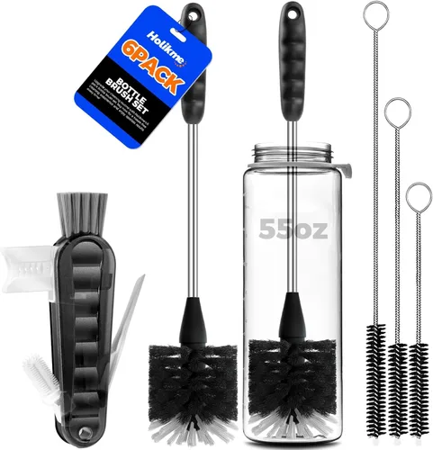 Miniatura 8 de Holikme Juego de 6 cepillos para botellas, cepillo limpiador de botellas de acero inoxidable de mango largo de 14 pulgadas, 3 cepillos para popotes