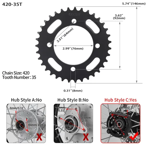 Miniatura 2 de RUTU Piñón de Cadena 420 Piñón Trasero 35 Dientes 76mm para Motocicletas Chinas de 50 70 90 110 125 140cc 150 160 170 Cc Apollo RFZ CRF50 XR50 SDG
