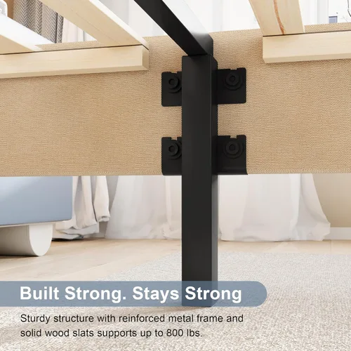 Miniatura 5 de Einhomn Base de cama tamaño individual con cabecero, base de cama tapizada de lino con listones de madera maciza, sin ruido, no necesita somier