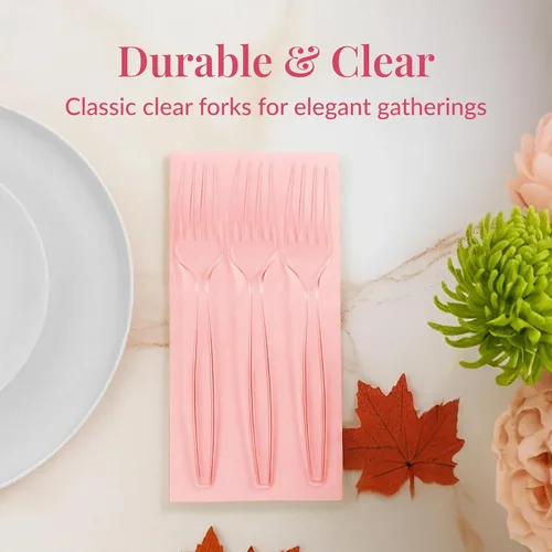 Miniatura 2 de Prestee Tenedores de plástico de 100 unidades, tenedores resistentes desechables para fiestas, eventos y catering, cubiertos transparentes y Plateado