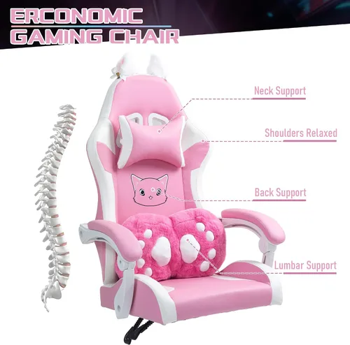 Miniatura 3 de Silla de juegos rosa con cojín lumbar de pata de gato y orejas de gato, sillas reclinables para computadora de juegos de PC, silla ergonómica