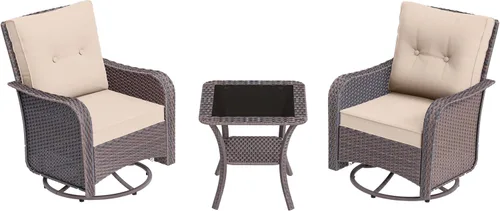 Juego de sillas mecedoras giratorias de mimbre de 3 piezas, silla deslizadora de patio al aire libre con mesa de centro de cristal, juego de muebles