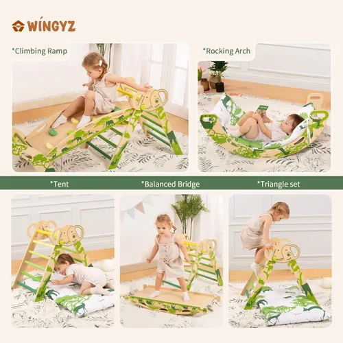 Miniatura 5 de WINGYZ Pikler - Juego de triángulos Montessori plegable 8 en 1 con tobogán reversible de animales, juego de escalada protegido por patente, seguro
