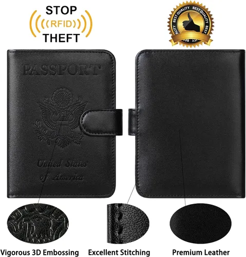Miniatura 5 de Funda para pasaporte, cartera con bloqueo RFID, funda de piel para tarjetas, accesorios de viaje para mujeres y hombres, negro