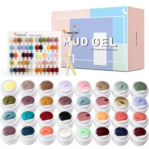 VENALISA - Kit de pintura de gel de barro de 60 colores con tarjeta de color, pincel de dibujo, esmalte de uñas de gel para arte de uñas, juego