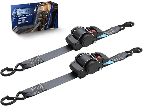 ANLULOAD Paquete de 2 correas de trinquete retráctiles (2 pulgadas x 14.7 pies), correas de carga para maletero, motocicletas de garaje, ATV,