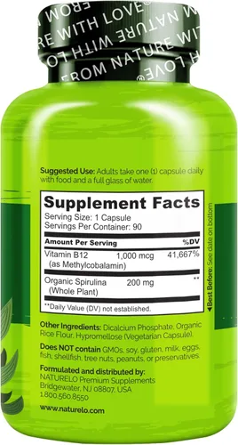 Miniatura 7 de NATURELO B12 vegano - Metil B12 con espirulina orgánica - Vitamina B12 de alta potencia 1000 mcg metilcobalamina - Apoya el estado de ánimo